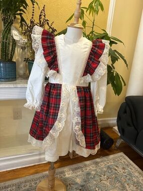 Girls Red Plaid & White Holiday Pinafore Dress with Lace Trim